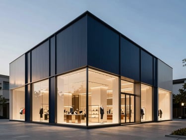 Abstract architectural angle of a luxury retail pavilion facade, crisp late-afternoon sun casting long geometric shadows