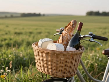 Close-up of a wicker bicycle basket filled with fresh local goat cheese, artisanal bread, and a bottle of Burgundy wine, parked in a lush pasture.