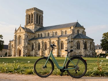 An elegant green electric bike parked beside a medieval Romanesque stone church in Burgundy, soft morning light.