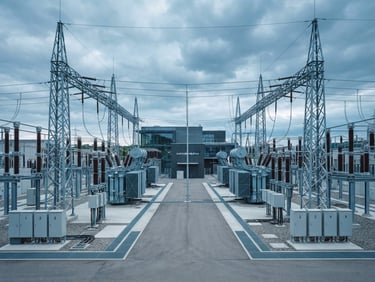 Symmetrical wide-angle architectural shot of a modern clean industrial electrical substation, cool daylight, sharp technical details, 35mm