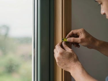 Close-up of a craftsman actively measuring and cutting wood trim for an interior door frame, soft diffused light, architectural photography, sharp details, 35mm lens