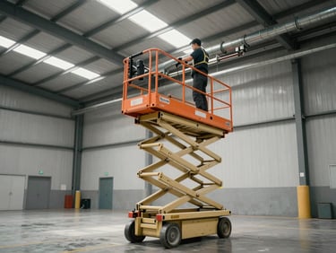 Wide shot of a scissor lift operating indoors on a flat warehouse floor, operator in platform adjusting overhead electrical conduits, high bay industrial ceiling above, natural light from skylights, no studio lighting