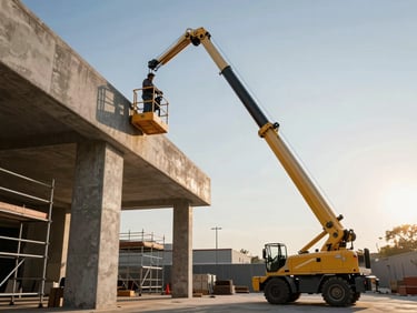 Medium-wide shot of an articulating boom lift on an outdoor job site, the boom bent around a concrete column to reach a recessed facade section, operator in basket, afternoon sun, scaffolding and building structure visible in background