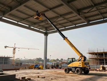 Wide environmental shot of a telescopic boom lift fully extended on a large open construction site, reaching the top chord of a steel roof structure, operator visible at height, morning light, cranes and building skeleton in background