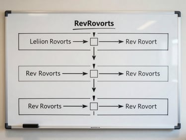 Full-screen capture of a whiteboard RevOps workflow diagram showing five labeled horizontal swim lanes connected by directional arrows, handoff nodes marked with squares, photographed straight-on under flat diffused office lighting, no people visible, neutral background