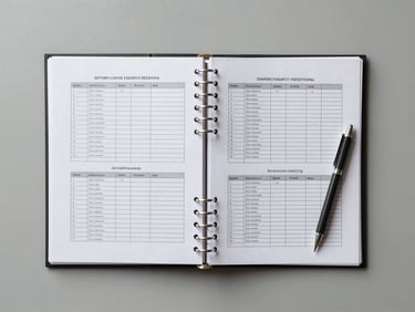 Overhead flat-lay of an open research binder, printed comparison tables, and a mechanical pencil on a pale grey desk surface — flat, neutral office light from the left, no shadows, no people, documents partially annotated in pencil