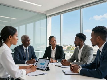 A professional business meeting in a bright Dakar office, modern glass windows, financial charts on a tablet, natural daylight