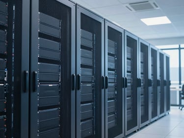 Intérieur lumineux d'un datacenter moderne en Afrique de l'Ouest, serveurs alignés, éclairage bleu épuré.