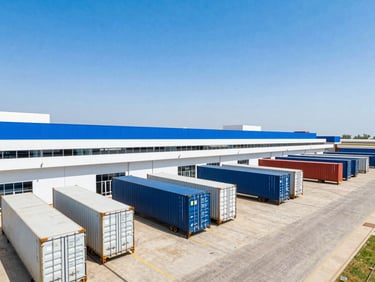 Bright editorial photography of a modern, clean logistics and transport hub in Senegal, professional operations with shipping containers, natural West African daylight, sharp focus.