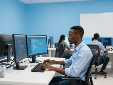 Bright editorial photography of a professional software developer working in a modern tech hub in Senegal, clean high-key studio lighting, vibrant sky blue accents, sharp focus.