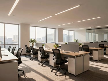 Clean and modern commercial office setup, wide-angle shot, ample natural light, ergonomic furniture, ready for business.