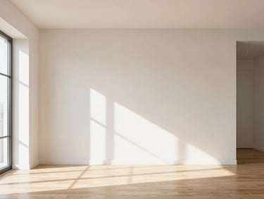 Bright interior mockup of a modern 1 BHK living room, natural afternoon sunlight, minimalist furniture, clean lines.