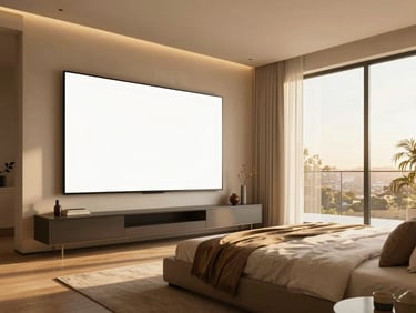 Airy interior mockup of a modern 2 BHK master bedroom, warm golden hour light, large window, premium fixtures.