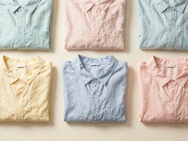 Clean overhead flat lay of folded pastel linen shirts on a neutral cream background, soft daylight