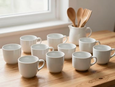 Tidy arrangement of ceramic mugs and wooden kitchen utensils on a warm oak table, soft window light