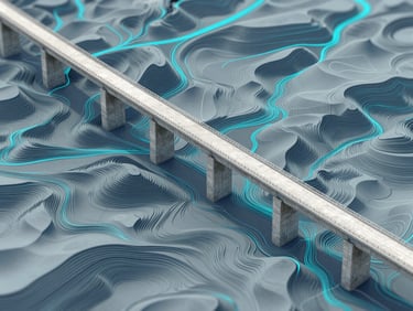 3D terrain point cloud of a modern concrete viaduct, detailed laser telemetry lines, crisp technical visualization in cool slate and electric cyan tones.