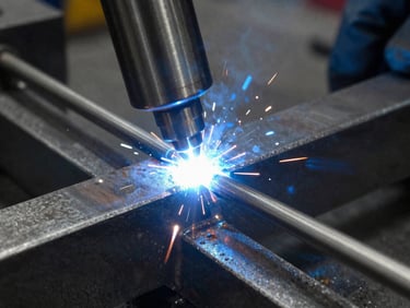 Industrial metal component being precision welded, bright arc light, steel textures, close-up workshop view