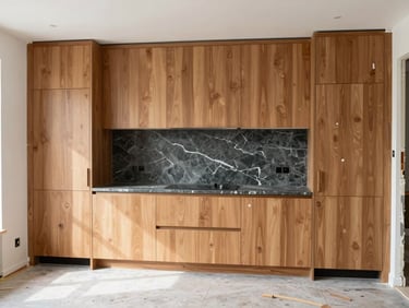 A modern kitchen interior under construction, newly installed custom cabinetry, natural light flooding the space