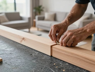 Close-up of a master carpenter fitting a custom cedar joint in a bright, modern living room, natural daylight