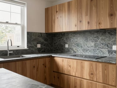 A modern kitchen renovation with natural slate tiles, custom oak cabinetry, and warm natural window light