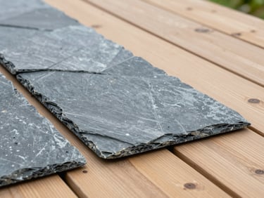 Architectural slate tiles being precisely laid on an exterior patio, sharp focus on raw materials
