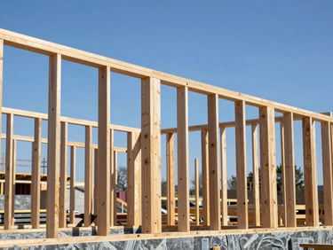 A clean construction site showing raw timber framing against a clear blue sky, sharp focus, architectural lines