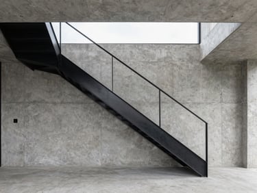 Wide architectural shot of a modern minimalist black steel staircase inside a high-end concrete residence, natural overcast daylight, sharp focus.
