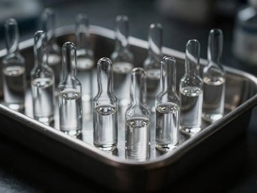 Crisp macro lens shot of sterile borosilicate glass vials on a dark steel laboratory tray, dramatic key light, deep shadows, desaturated tones