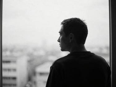 Contemplative figure looking out a window in a soft urban landscape, soft diffused daylight, high-contrast black and white, shallow depth of field, 35mm film grain, minimalist editorial photography