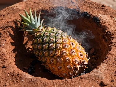 Macro detail of an agave piña being roasted in an earthen pit, smoke rising, harsh natural sunlight, rich earth tones, warm editorial photography.