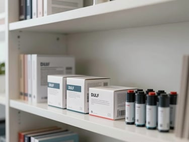 Neatly organized office supplies, packaged software boxes, and original ink cartridges on a clean shelf, professional lighting, neutral tones.