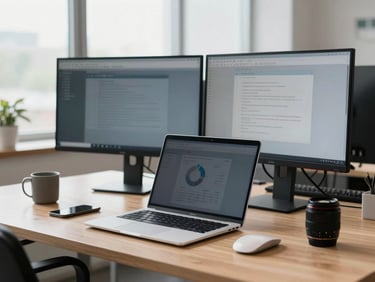 Clean corporate IT setup, modern laptop and dual monitors on a wooden desk, organized workspace, bright natural daylight, sharp focus, 35mm lens.