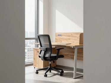 Modern ergonomic office chair and modular wooden desk, bright daylight, clean architectural framing, professional office environment, sharp focus.
