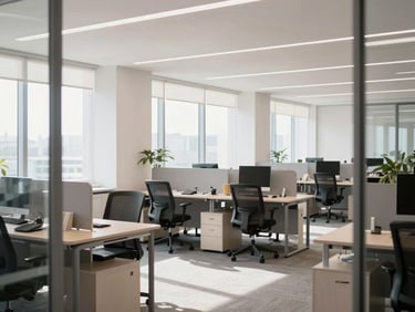Bright natural office daylight illuminating a modern, well-organized workspace with ergonomic chairs and clean desks, professional architectural framing, 35mm lens