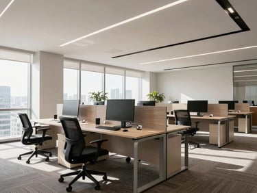 Wide architectural photograph of a modern, well-organized office environment, desks with dual monitors, ergonomic chairs, bright natural office daylight with soft shadows, neutral professional tones, 35mm lens.