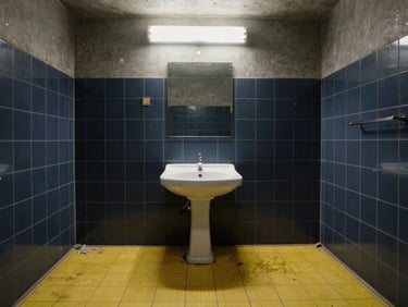 Dull, outdated 1980s Finnish bathroom with yellowing plastic flooring and worn tiles, flat overhead lighting, messy appearance