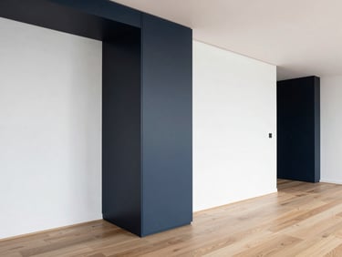 Immaculate modern apartment interior after high-end renovation, clean white walls, premium oak flooring, sharp focus