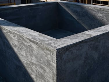Freshly cast smooth concrete foundation, industrial construction site, precise formwork visible, dramatic side-lighting