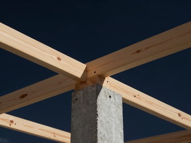 Precision carpentry work, clean wooden joints of a roof structure, sharp focus, warm lighting