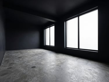 Wide architectural shot of a minimalist premium apartment interior, microcement floor, dramatic natural light from large windows, matte black details