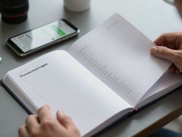 Close-up of a commercial vehicle logbook open on a desk beside a phone showing a WhatsApp chat, overcast natural light, hands visible turning a page