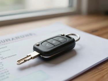 Close-up of a car key fob resting on a vehicle registration document on a wooden desk, overcast natural window light, shallow focus on the key, soft shadow