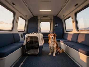Wide-angle cinematic editorial photography of a comfortable domestic dog inside a pristine, climate-controlled luxury pet transport cabin, soft golden hour twilight lighting, sharp commercial detail.
