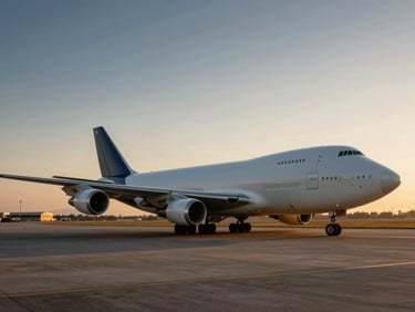 Wide-angle cinematic editorial photography of a massive modern cargo aircraft parked on a runway tarmac at golden hour dusk, sharp commercial detail.