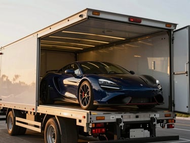 A secured luxury sports car being carefully loaded into a clean, enclosed white-glove transport trailer, golden hour lighting