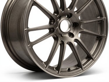 Close-up three-quarter profile studio photograph of the VR-1 monoblock forged wheel on a stark white ground, hard overhead strobe light casting precise shadow beneath the lip, revealing machined spoke faces and milled pockets, extreme foreground detail on spoke-to-barrel junction, no background elements