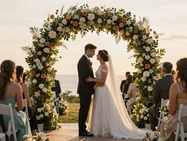 Close environmental frame of a wedding ceremony, a couple standing beneath a floral arch in warm golden light, wide enough to show the decorated space and guests in soft focus behind them