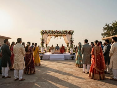 Wide shot of an outdoor South Asian engagement ceremony at golden hour, guests in colorful formal wear gathered around a decorated stage, warm directional light casting long shadows across the space