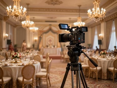 Cinematographer's perspective from behind a camera on a tripod at a lavishly decorated South Asian reception hall, warm tungsten chandeliers illuminating jewel-toned table settings, the room extending deep into the background