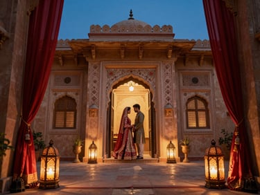 Wide cinematic still from a wedding film — couple framed in a doorway of a richly-decorated haveli courtyard at dusk, warm tungsten lanterns and candles lighting the foreground, deep blue sky visible above, jewel-toned fabric draped on either side of the frame
